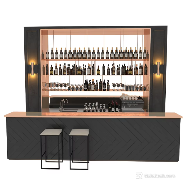 Modern Bar Counter With Wooden Top Black Cabinetry Hanging Wine Bottles Glassware And Bar Stools 3d model 