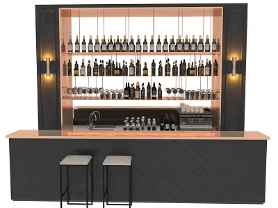 Modern Bar Counter With Wooden Top Black Cabinetry Hanging Wine Bottles Glassware And Bar Stools 3d model