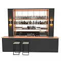 Modern Bar Counter With Wooden Top Black Cabinetry Hanging Wine Bottles Glassware And Bar Stools