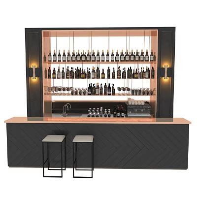 Modern Bar Counter With Wooden Top Black Cabinetry Hanging Wine Bottles Glassware And Bar Stools 3d model