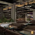 Industrial Restaurant Interior With Wooden Tables Hanging Lights Decorative Paintings And Windows