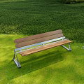 Wooden Outdoor Bench With Metal Frame In Green Grass And Trees Setting