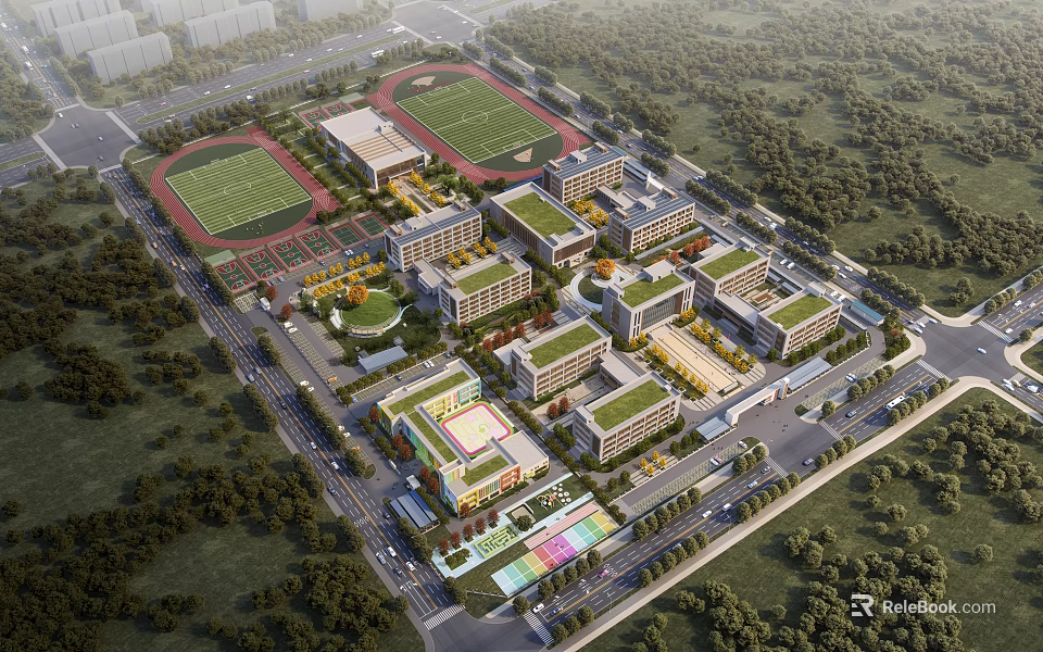 School Buildings With Multiple Teaching Blocks Green Roofs Sports Ground And Lush Green Areas 3d model 