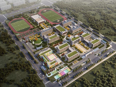 School Buildings With Multiple Teaching Blocks Green Roofs Sports Ground And Lush Green Areas 3d model