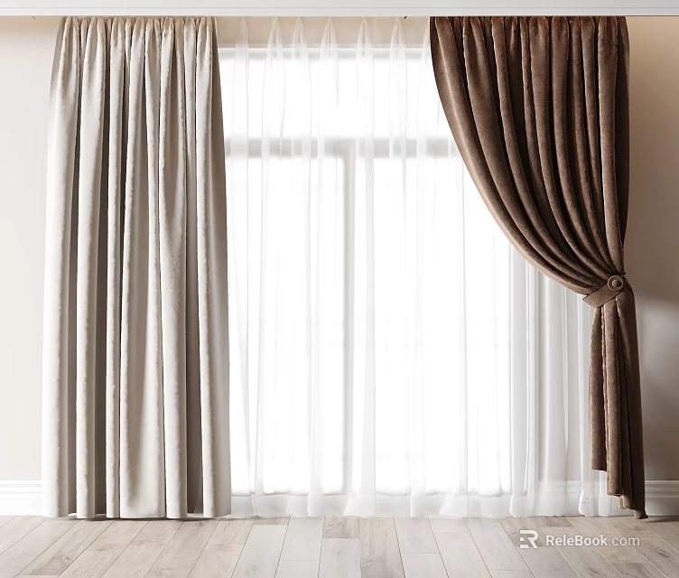 Light and Dark Brown Curtains With Sheer White Panels For Large Window Interior 3d model