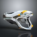 Futuristic Sci Fi Handgun Featuring White Yellow Blue Accents Ergonomic Grip And Streamlined Design