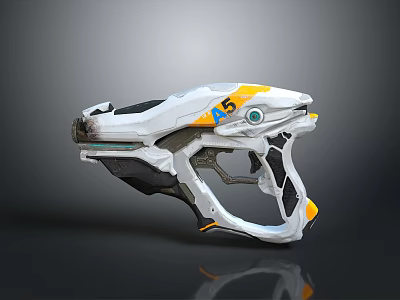 Futuristic Sci Fi Handgun Featuring White Yellow Blue Accents Ergonomic Grip And Streamlined Design 3d model
