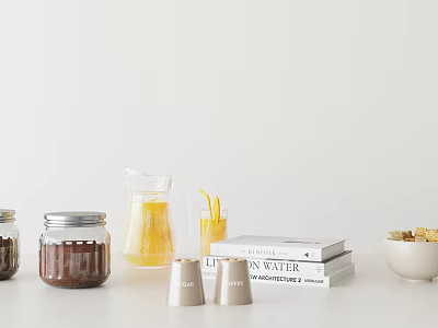Minimalist Decorative Display Set With Glass Jars Pitcher Juice Glass Books Shakers Bowl And Snacks 3d model