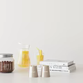 Minimalist Decorative Display Set With Glass Jars Pitcher Juice Glass Books Shakers Bowl And Snacks