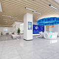 Modern Bank Lobby Open Design With Blue Digital Screens White Seats Marble Floor Service Counter