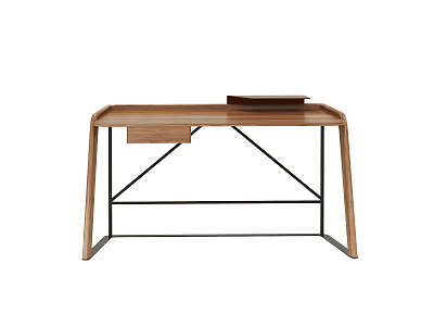 Modern Wooden Desk With Black Metal Frame And Functional Drawer 3d model
