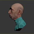 3D Sculpture of a Man with Bald Head Wrinkled Face in Teal Turtleneck with Buttons