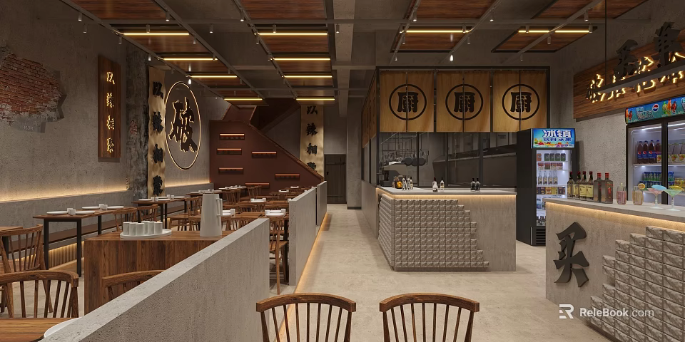 Modern Industrial Restaurant Interior With Wooden Tables Bar Counter Chinese Decor And Pendant Lights 3d model 
