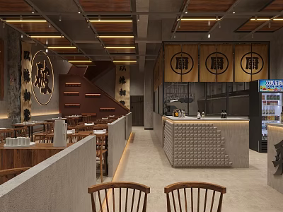 Modern Industrial Restaurant Interior With Wooden Tables Bar Counter Chinese Decor And Pendant Lights 3d model