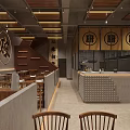 Modern Industrial Restaurant Interior With Wooden Tables Bar Counter Chinese Decor And Pendant Lights