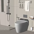 Modern Smart Toilet in Bathroom with Tile Walls Towel Rack Toilet Brush and Soap Dish