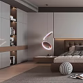 Modern Bedroom Interior Design With Comfortable Bed Stylish Headboard Ambient Lighting And Bookshelves