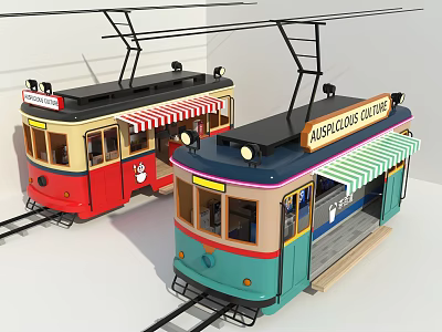 Colorful Vintage Trams At Museum Clouds Station With Awnings On Tracks 3d model