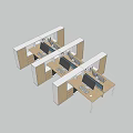 Multiple Modern Office Desks Interior Design with Wooden Tabletops and White Cabinets