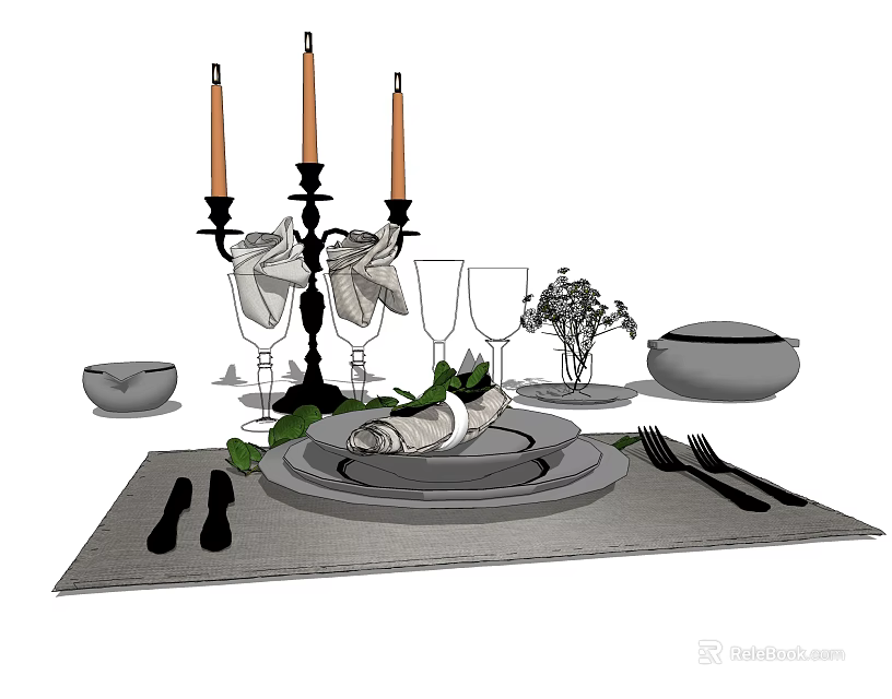 Elegant Dinnerware Set With Plates Cutlery Wine Glasses Candles And Flower Arrangement 3d model 