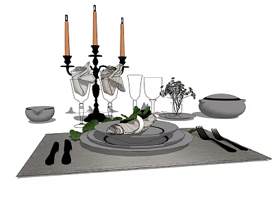 Elegant Dinnerware Set With Plates Cutlery Wine Glasses Candles And Flower Arrangement 3d model