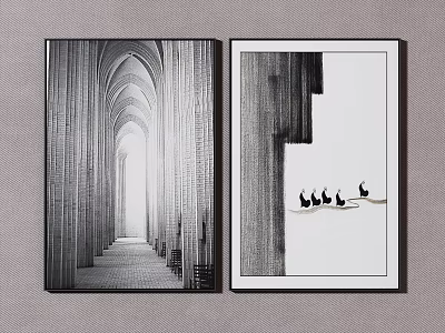 Black and White Framed Wall Art With Arched Corridor And Birds Design 3d model