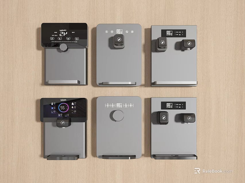 Six Modern Kitchen Appliances With Sleek Gray And Black Design Arranged Neatly On Wooden Surface 3d model 