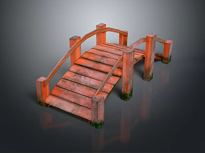 Red Wooden Arch Bridge With Steps Railings And Mossy Base On Dark Surface 3d model
