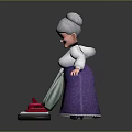 Elderly Woman With Gray Hair Wearing Glasses Using Red Vacuum Cleaner In Purple Skirt