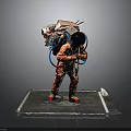 Detailed Humanoid Figure In Red Suit With Intricate Backpack Equipment And Black Tubes On Platform