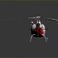 Red and White Utility Helicopter with Yellow Striped Rotors and Tail Design