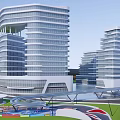 Modern Office Building Complex With Multiple Towers Riverside Green Space And Road Access 3d model