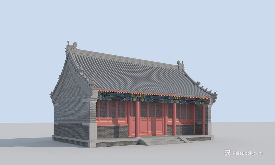 Traditional Chinese Ancient Building With Gray Tiled Roof Red Doors And Overhanging Eaves 3d model 