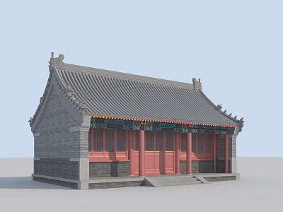 Traditional Chinese Ancient Building With Gray Tiled Roof Red Doors And Overhanging Eaves 3d model