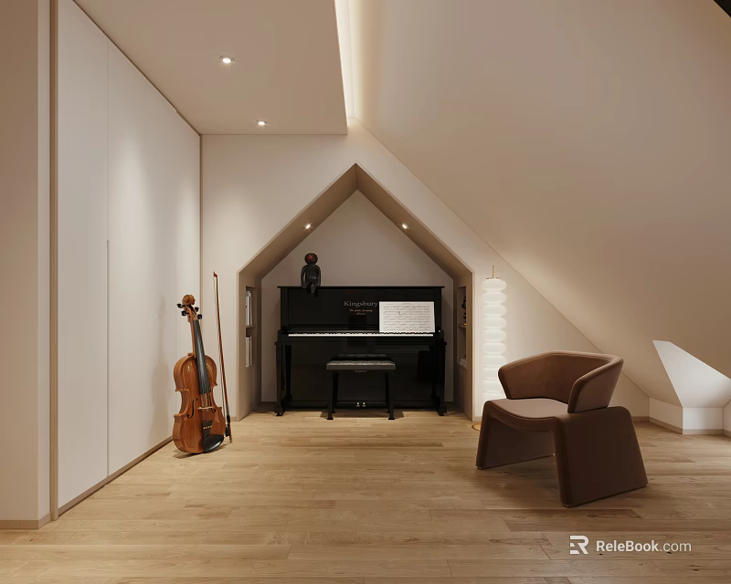 Minimalist Piano Room Interior In Loft With Piano Violin And Armchair 3d model 