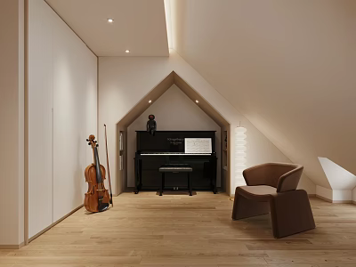 Minimalist Piano Room Interior In Loft With Piano Violin And Armchair 3d model