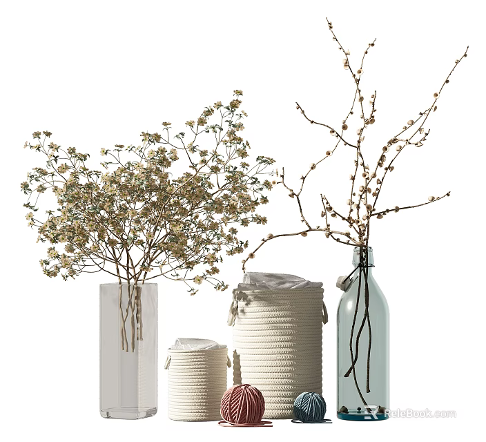 Stylish Vase Arrangement With Dried Flowers Thin Branches And Rope Wrapped Decorative Elements 3d model