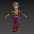 Woman In Yellow Top Red Headscarf Golden Earrings Gold Arm Cuffs Purple Skirt Arms Outstretched