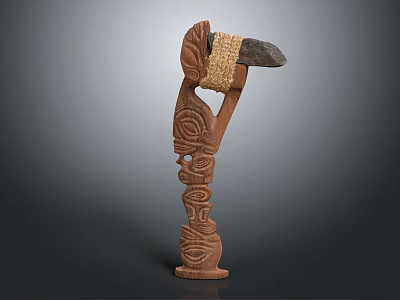 Ancient Handcrafted Weapon With Carved Wooden Handle And Stone Blade 3d model
