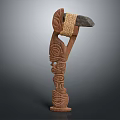 Ancient Handcrafted Weapon With Carved Wooden Handle And Stone Blade