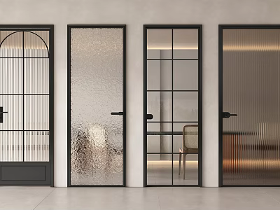 Modern Interior Swing Doors With Textured Ribbed Grid Arched Glass And Black Frames 3d model