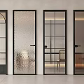 Modern Interior Swing Doors With Textured Ribbed Grid Arched Glass And Black Frames
