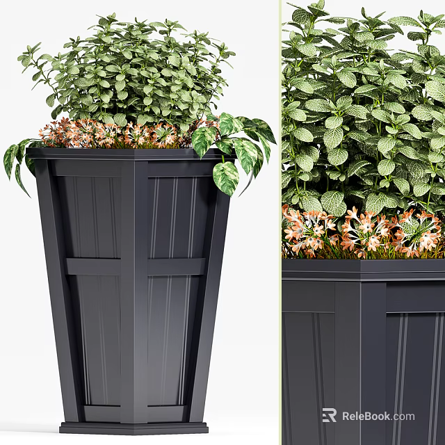 Stylish Black Garden Planter With Lush Green Plants And Orange Flowers 3d model 