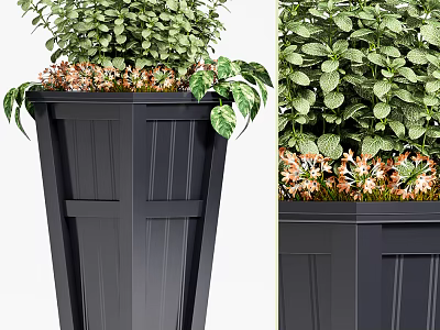 Stylish Black Garden Planter With Lush Green Plants And Orange Flowers 3d model