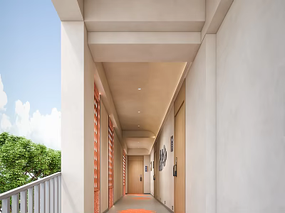 Hotel Corridor Interior Design With Light Colored Walls Wooden Doors And Green Plants 3d model