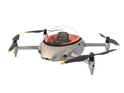 Tactical Weapon Drone With Four Propellers Transparent Dome And Gray Orange Body 3d model