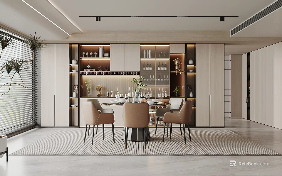 Elegant Modern Restaurant Interior With Open Layout Dining Table Marble Top And Wine Cabinet 3d model 