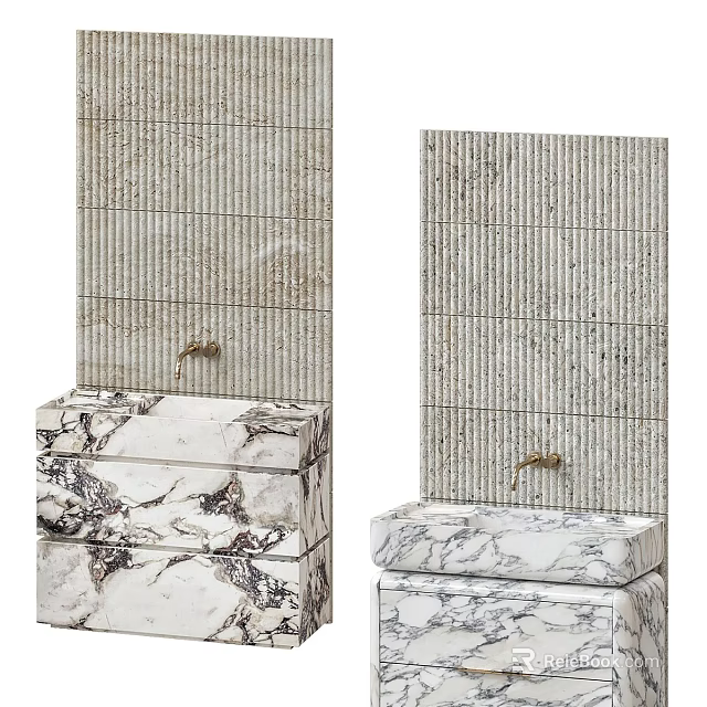 Modern Bathroom Vanity With Marble Countertop And Gold Faucet On Textured Wall 3d model 