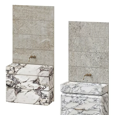 Modern Bathroom Vanity With Marble Countertop And Gold Faucet On Textured Wall 3d model
