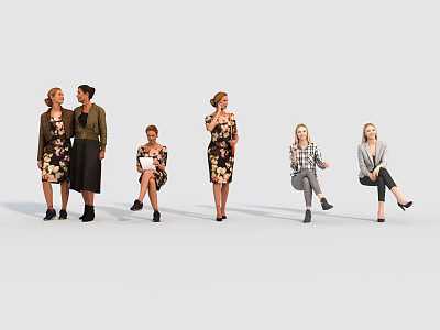Women In Diverse Fashionable Outfits With Various Poses Against White Background 3d model